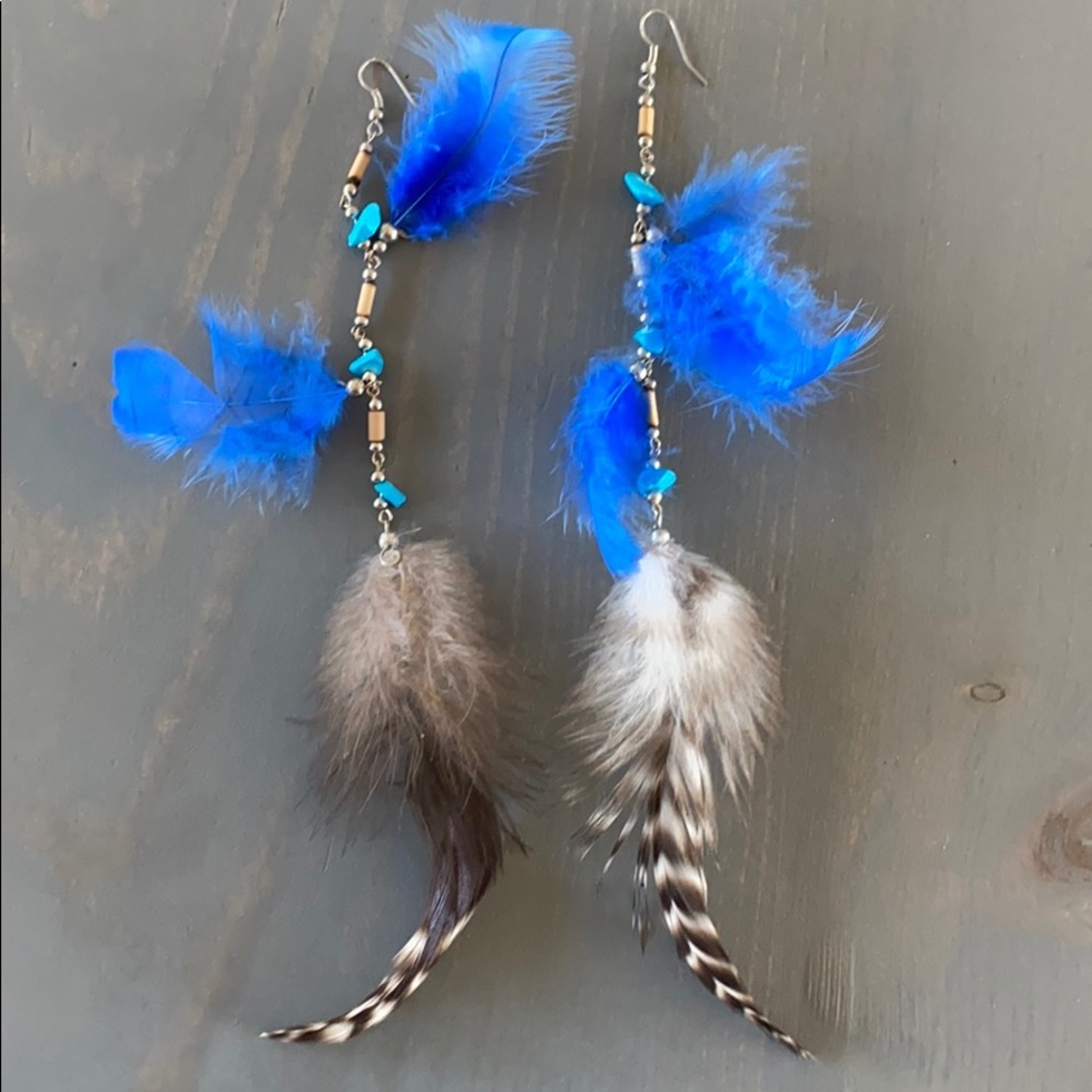 Turquoise and feather, bamboo earrings, brand new.